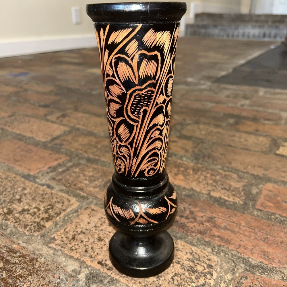 Floral Boho Vintage Tall Hand Carved Solid Red Tint Wood Vase Pedestal‎ 10"